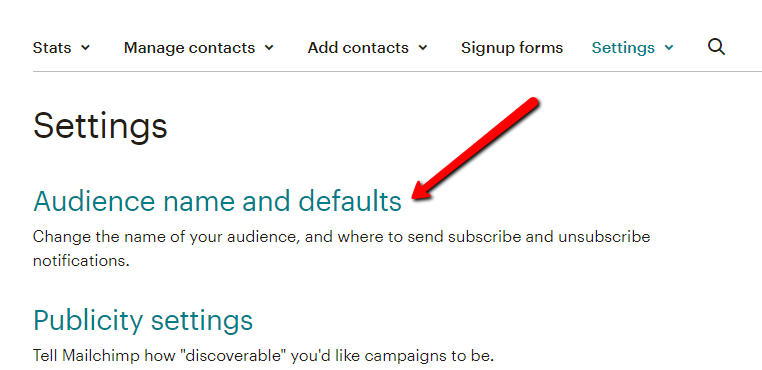 MailChimp audience name and defaults settings