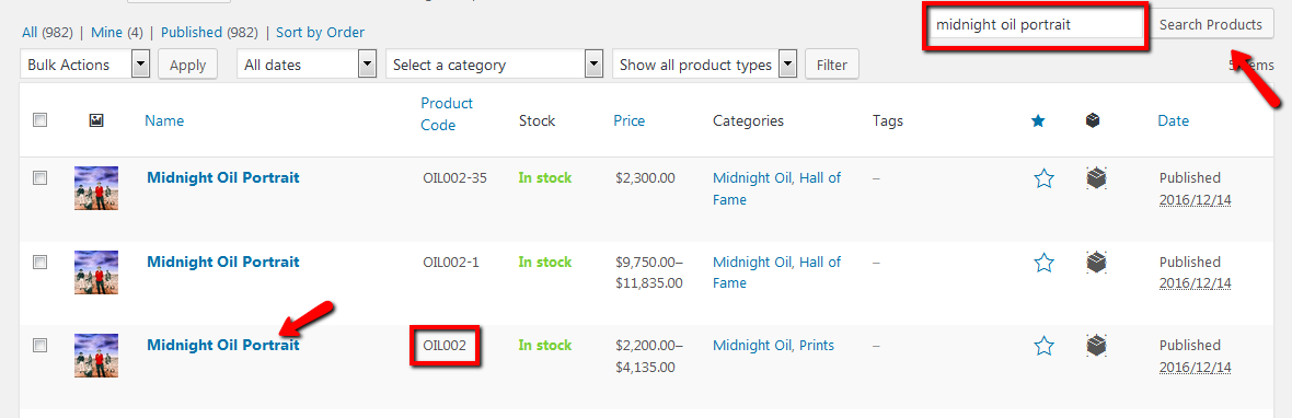 product list from search query back end - look for product code