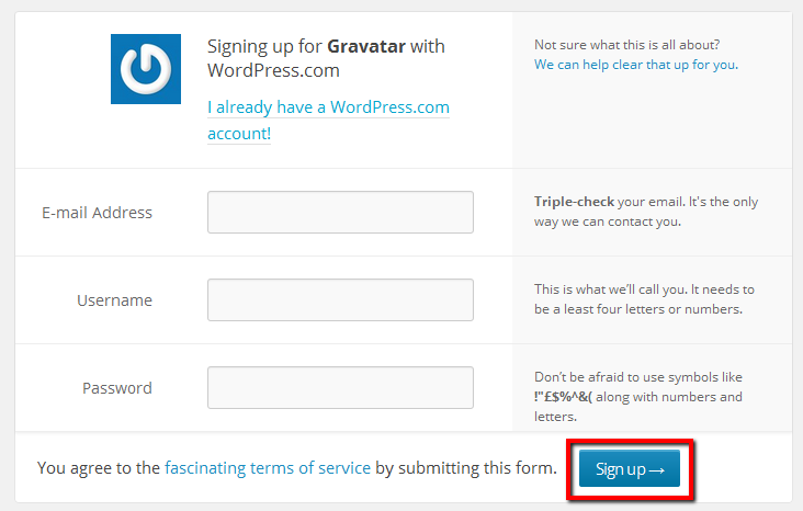sign up to WordPress with your new account